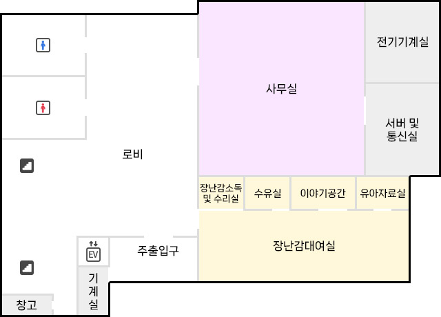 계단 왼쪽에는 남자,여자 화장실이 있고, 정면으로 사무실이 있으며, 그 안에는 전기기계실, 서버 및 통신실이 있고, 그 옆으로 장난감대여실 안으로 장난감소독 및 수리실, 수유실, 이야기공간, 유아자료실이 있다.