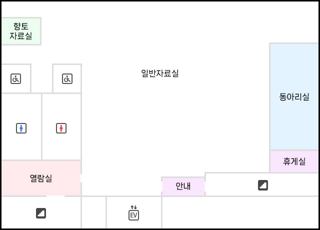 계단 정면으로 열람실, 그 앞으로 남자,여자 화장실, 향토자료실이 있으며, 반대편으로, 동아리실, 휴게실, 안내데스크, 반대편 계단이 있다.