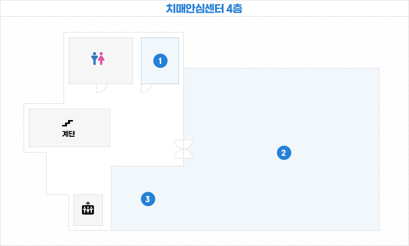 치매안심센터 4층 안내도이며 탕비실, 사무실, 과장실이 배치되어 있습니다